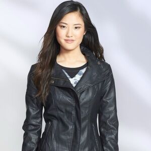 RD Style Women’s Black Faux Leather Zip Up Moto Jacket Knit Panels Size XL